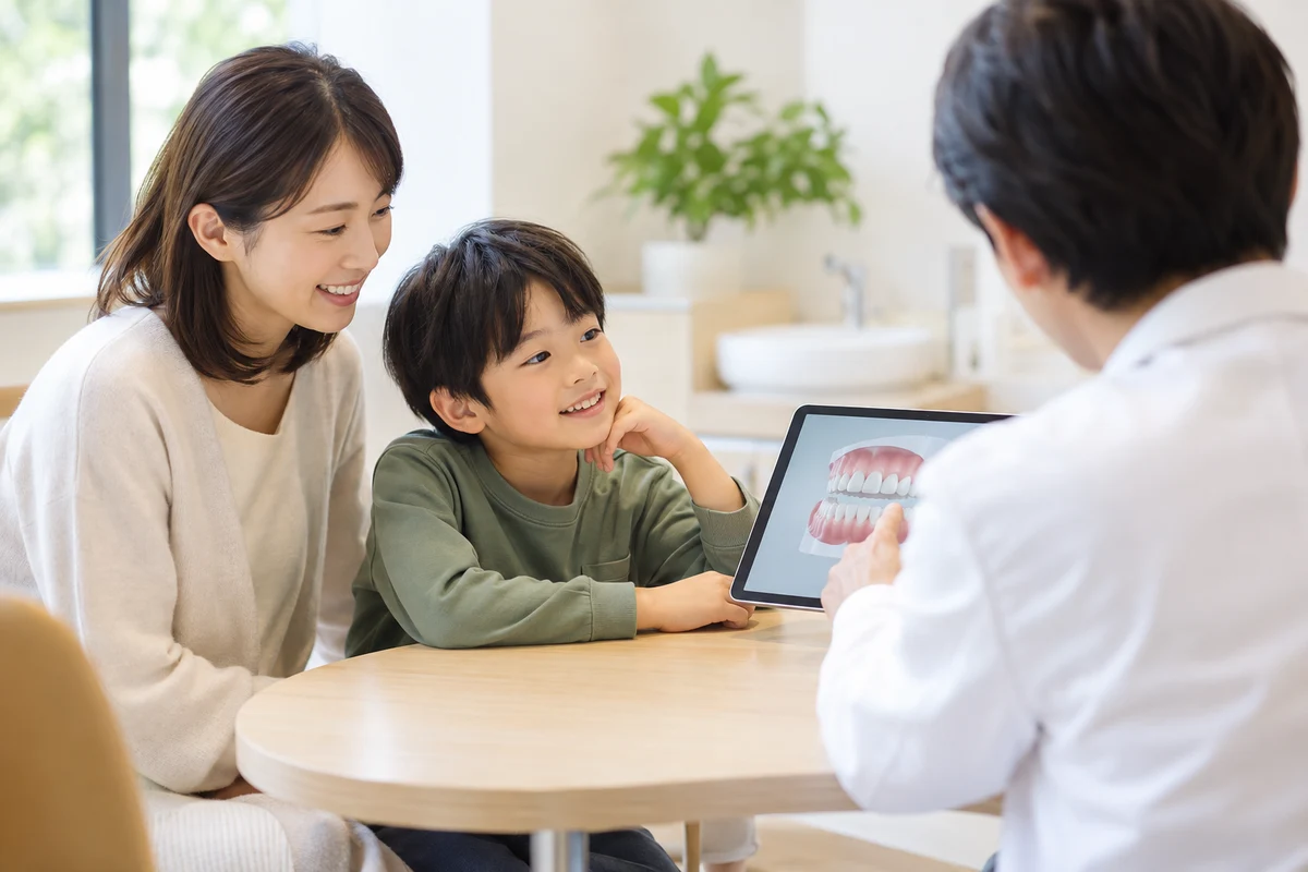 個別相談で、歯科医師が子どもと母親に説明している様子