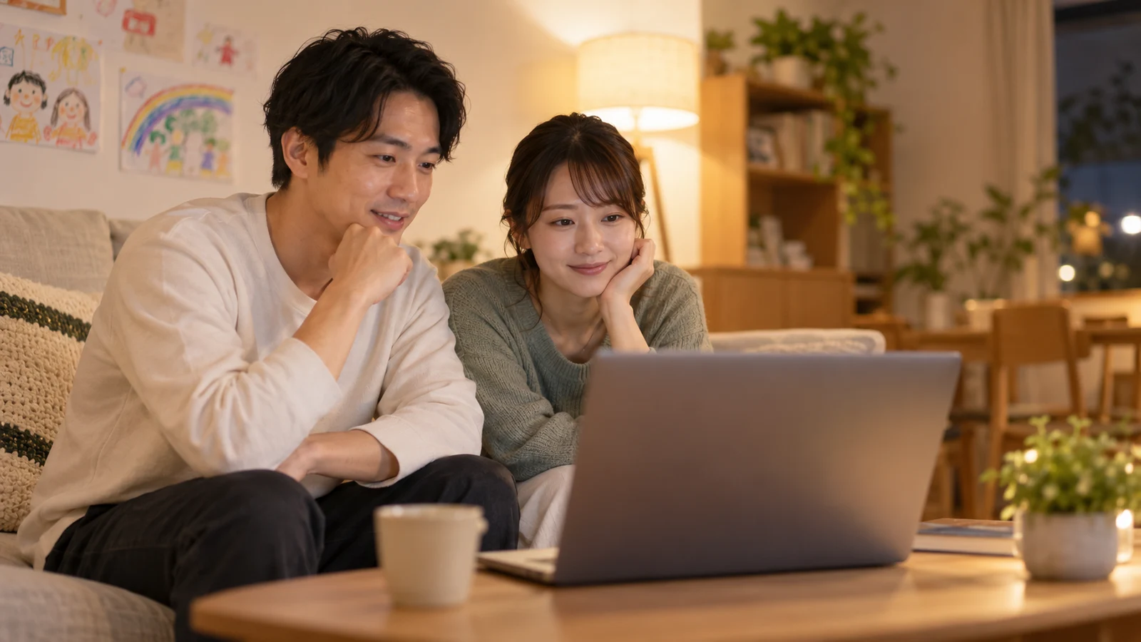 自宅のソファで、ノートパソコンの説明会を一緒に見る夫婦
