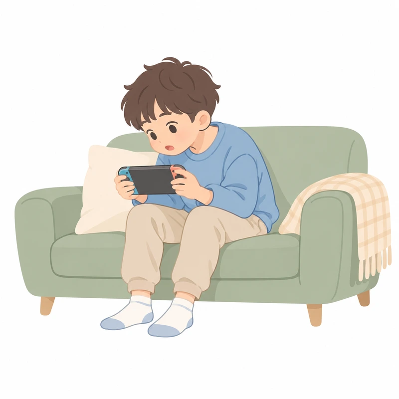 口を少し開けたまま、背中を丸めてゲームをする子どものイラスト
